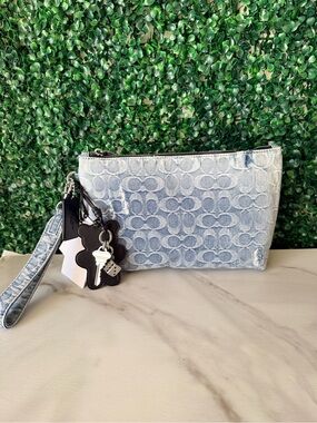 Coach Light Blue Distressed Denim Signature Wristlet Pouch with Charms NWT